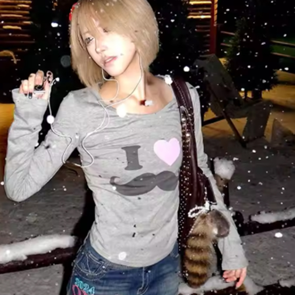 Japanese Y2K Beard Print T-Shi - Street Fashion Dance recension och pris